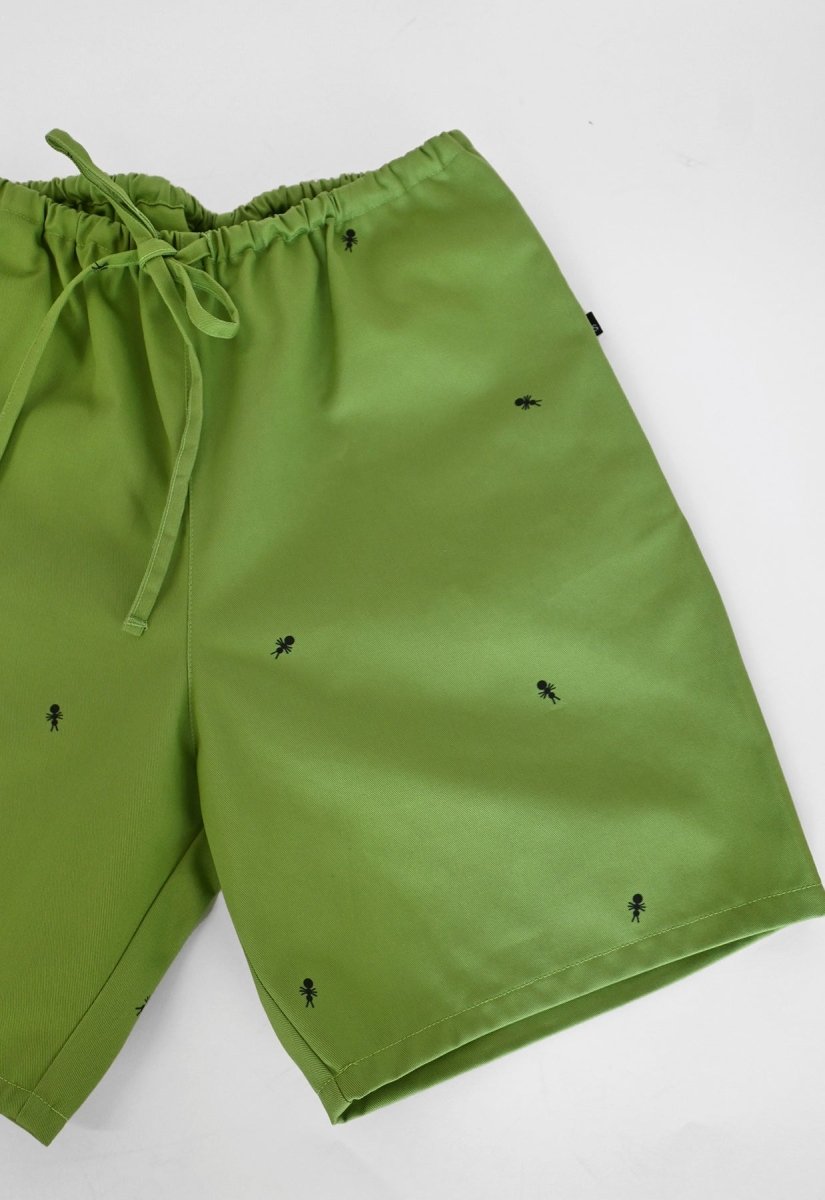 HO HOS HOLE IN THE WALL brand Custom print "Ants on Your Pants" pull-on shorts in Avocado Green dye colorway