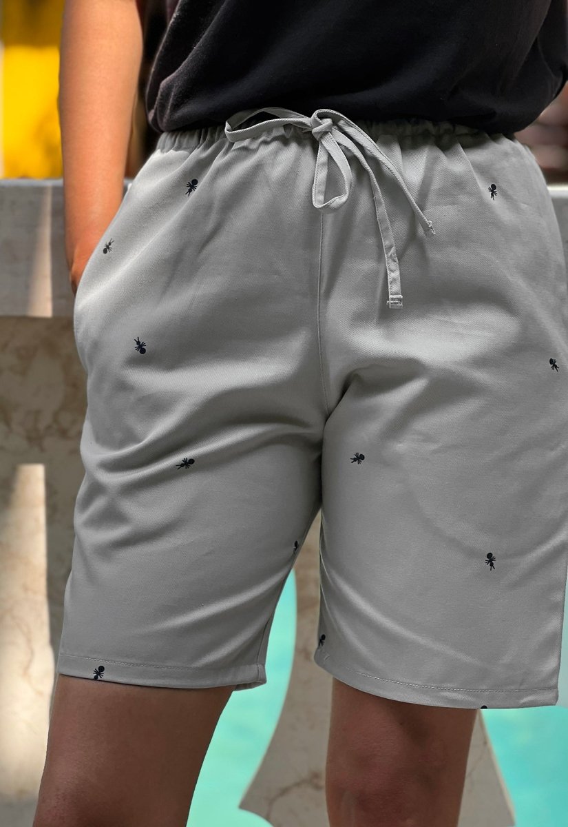 HO HOS HOLE IN THE WALL brand Custom print "Ants on Your Pants" pull-on shorts in Pearl Grey dye colorway