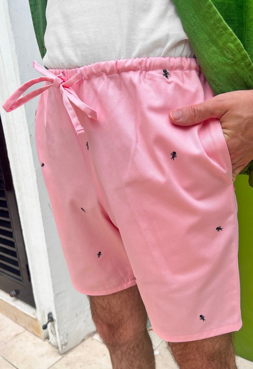 HO HOS HOLE IN THE WALL brand Custom print "Ants on Your Pants" pull-on shorts in Pink Lemonade dye colorway